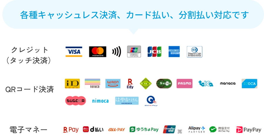 各種キャッシュレス決済、カード払い、分割払い対応です